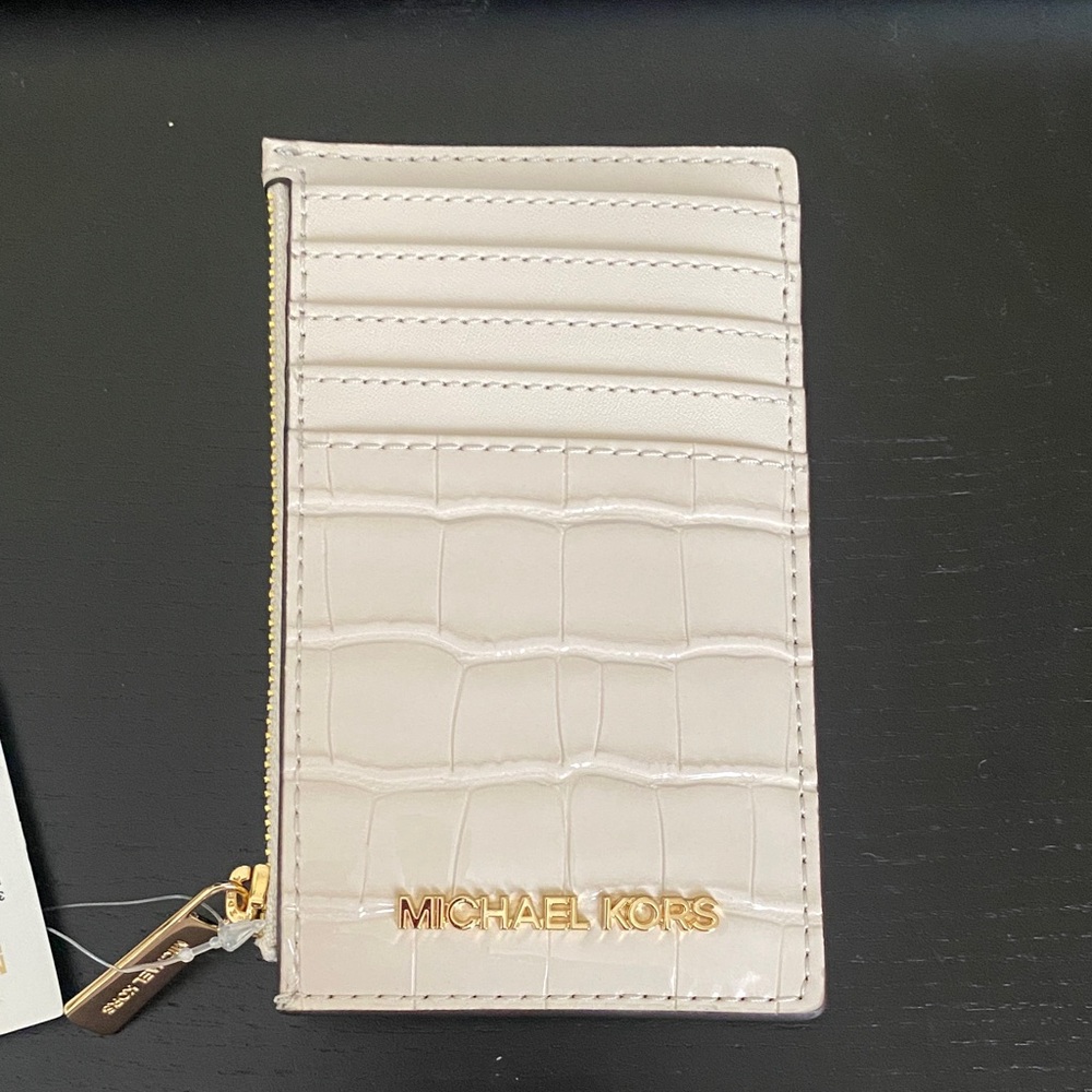 Michael Kors Pale Pink Croc-Embossed Card & Key Holder with Gold Hardware